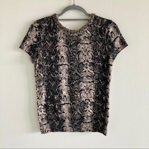 Snake Print Beaded Collar Short Cap Sleeve Top
